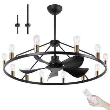 Imagem de Miuyhji Ventiladores de teto grandes de 112 cm com luzes lustre de roda de vagão preto, lustre de casa de fazenda luminária de sala de jantar, 6 velocidades, tempo, altura ajustável para sala de