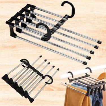 Imagem de Kit com 2 Cabides de Inox Multiuso, 5 Divisórias Uso Horizontal Vertical, Cabide Multifuncional Organizador de Roupa Dobrável Inoxidável para Pendurar Calças com 5 espaços, Cabideiro Metal Inoxidável