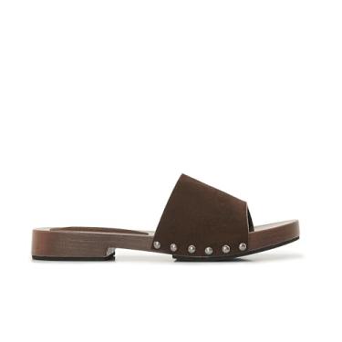 Imagem de ATBELL Sandália feminina de salto bloco de madeira bico aberto plataforma tamancos rebite Studed Slip On Summer Mules, Marrom, 38