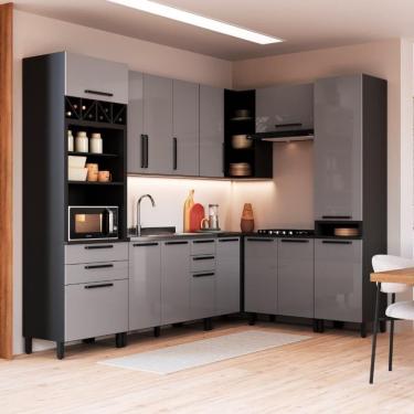 Imagem de Cozinha Modulada Completa Fidelitá Mônaco 8 Peças 469cm 15 Portas 4 Gavetas Sem Tampo Chumbo/titânio