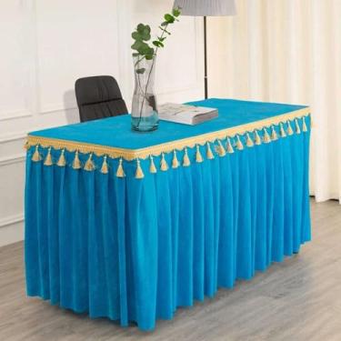 Imagem de Toalha de mesa de veludo dourado para conferências, exposições, pendurada, com franjas, para saia de mesa com borlas, retangular, azul marinho, 245x75x75 cm