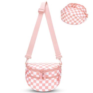 Imagem de FODOKO Bolsa transversal quadriculada preta e branca para mulheres, pochete quadriculada, carteiras, bolsa de cinto pequena e despojada, Rosa claro, Bolsa tiracolo quadriculada