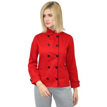 Imagem de Dolmã Chefe de Cozinha Feminina em Algodão Branco - DEMORGAN, Vermelho