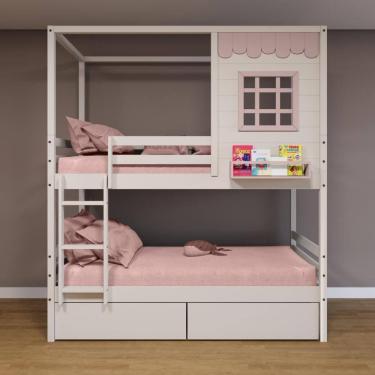 Imagem de Beliche Casinha Reta 02 Gavetas Rosa Madeira Maciça Branco/ Rosa Housin