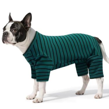 Imagem de LETSQK Pijama listrado para cães – Pijamas para cães pequenos a grandes, terno de lã que cai, elástico e lavável na máquina, corte de barriga para machos, ótimo para cirurgia e clima frio, verde GG