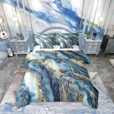 Imagem de Erosebridal Conjunto de cama índigo tie dye para crianças e adolescentes, conjunto de edredom de mármore abstrato, tamanho Queen, arte fluida de tinta (edredom + lençol de cima + 2 fronhas + 2