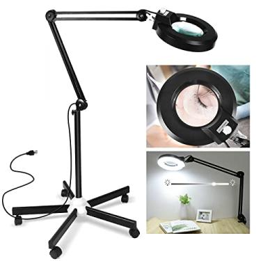 Imagem de LANCOSC Lupa 8X com luz e suporte, luminária de chão com base de rolamento de 5 rodas para esteticistas de cílios faciais, lupa iluminada por LED de 1.500 lúmens para leitura de artesanato de costura