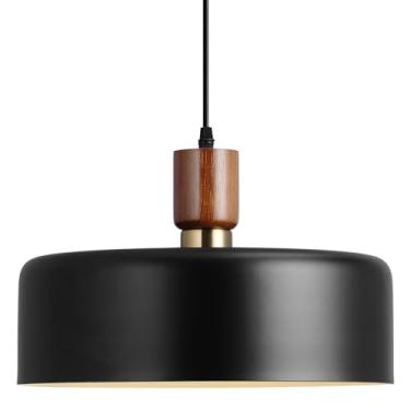 Imagem de Eustace Luminária pendente grande de 35 cm, lustre de metal ajustável com detalhes em madeira maciça e latão, luminárias modernas para ilha de cozinha, bar, sala de jantar, quarto, sala de estar