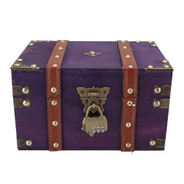 Imagem de Aramox Caixa de Peças de Tesouro Vintage de Madeira Com Trava, Estojo de Armazenamento Antigo para Jóias, Organizador Artesanal Violeta, Peito de Mão -de -obra para Uso Versátil
