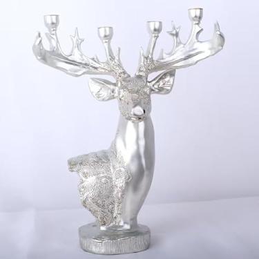 Imagem de Cabeça De Veado Escultura Alce Castiçal Chifres De Rena Ornamento Escultura Rena Arte Resina Suporte De Vela Decoração De Mesa, Silver