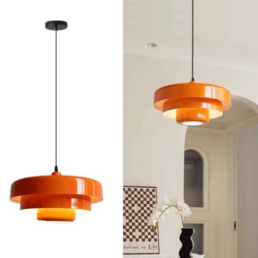 Imagem de Zoxxoz Luminária pendente industrial de 35,5 cm nórdico para teto, design de sombra de metal de 3 camadas, lustre vintage para ilha de cozinha, mesa de jantar, sala de estar corredor (laranja)
