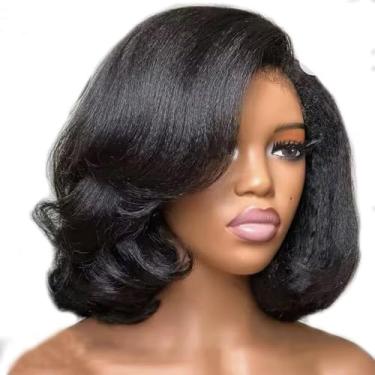 Imagem de Perucas curtas Yaki Wave Bob cabelo humano 33 x 15 HD peruca frontal invisível pré-arrancada com cabelo de bebê, peruca de cabelo humano liso crespo brasileiro para mulheres negras sem cola, nós