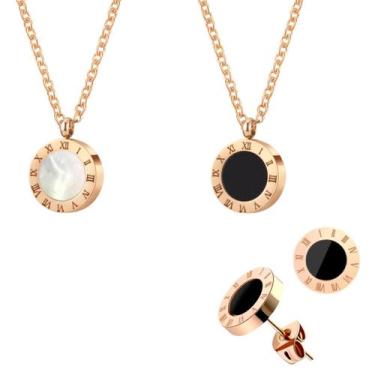 Imagem de Conjunto Luxo Colar Dupla Face E Brinco Banhado A Ouro Rosê - Euro Imp