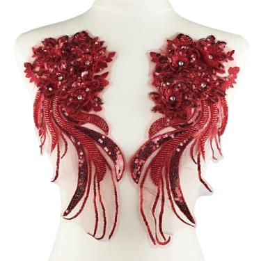 Imagem de YOOGCORETT 1 par de apliques de renda de lantejoulas bordados 3D flor strass acabamento remendo para costura faça você mesmo, artesanato, roupas, vestido de noiva, vermelho, 12,5 x 5,5 polegadas