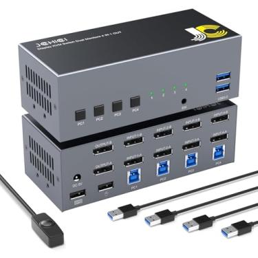 Imagem de JCHICI Monitor duplo DisplayPort KVM 8K @60Hz para 4 computadores | 4K @ 144Hz DP 1,4 com DSC | Hub USB 3.0 e comutação de teclas de atalho | Controle remoto de 1,5 m
