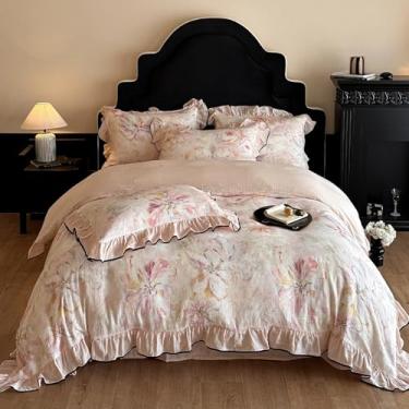 Imagem de HighBuy Capa de edredom de linho floral rosa solteiro GG, conjunto de cama floral com babados para meninas da faculdade, capa de edredom tingido de musselina com zíper para dormir quente, respirável e