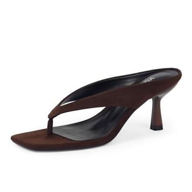 Imagem de VIUGJNEX Chinelo feminino com salto gatinho, bico aberto, salto baixo, fio dental, quadrado, moderno, verão, festa, salto elegante, sandálias femininas, Camurça chocolate, 41