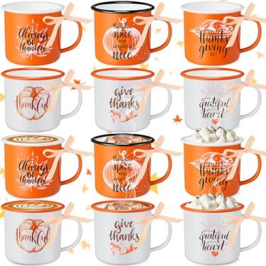 Imagem de Maxcheck 12 peças mini caneca de café de outono de ação de graças com fita Feliz feriado outono abóbora especiarias xícara de café para presente de inauguração de casa outono mesa em camadas decoração