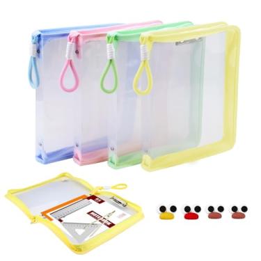 Imagem de 4 pacotes de pastas coloridas transparentes à prova d'água, pastas de plástico tamanho A4 com zíper, corda de silicone e detalhes de desenho animado, sacos de arquivo versáteis para documentos, cartas