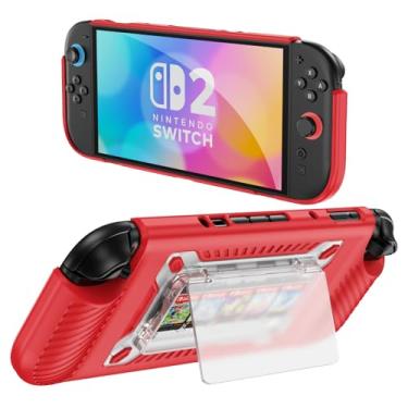 Imagem de JDBRUIAN Protective Case for Nintendo Switch 2, Dockable Protective Case with Comfort Padded Hand Grips and Kickstand Game Card Slots - Red