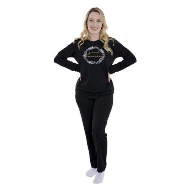 Imagem de Pijama de Inverno Feminino Suede Liso Victory, GG, Preto