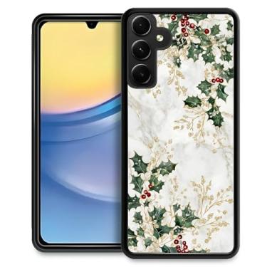 Imagem de CARLOCA Capa compatível com Samsung Galaxy A15 para meninas à prova de choque antiarranhões capa traseira rígida de PC estética padrão de azevinho folhas douradas Natal branco mármore verde