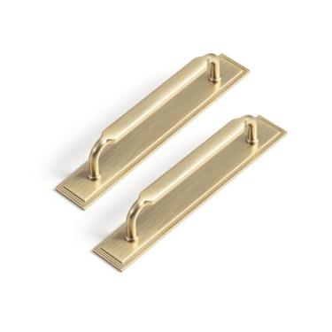Imagem de Goo-Ki Pacote com 2 puxadores de armário com espaçador de placa traseira, 12 cm, orifício central, champanhe, liga de zinco, ferragens de cozinha para gaveta de bar, 2202-UBR-128-G020