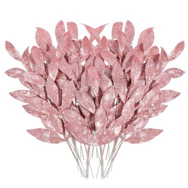 Imagem de MWOOT 16 peças de folhas artificiais de Natal com glitter, palhetas de folhas de Natal com glitter rosa para centros de mesa, enfeites de árvore de Natal para vaso de guirlanda, guirlanda de casamento