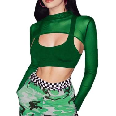 Imagem de Camisa Avidlove Sheer Mesh Crop Top de manga comprida verde S