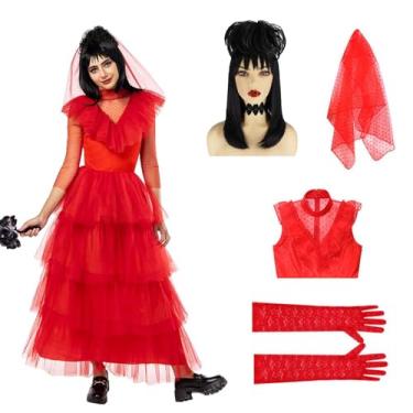 Imagem de ZZXIAOJIE Lydia Deetz Costume for Women Beetle of Juice Lydia Dress with Black Wig Red Veil Lace Gloves Costume Set