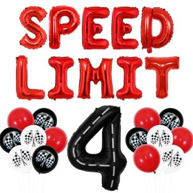 Imagem de Wonmelody Race Cars 4th Birthday Decoration Speed Limit 4 Birthday Decor Balloon Banner Checkered Flag Wheels Balloons Racetrack Black Number 4 Balloon Need Four Speed Decor for Fast Four Party