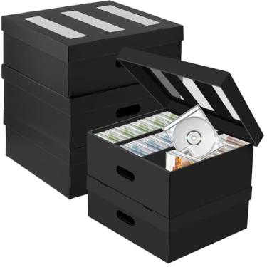 Imagem de AOBOPLE Caixas de armazenamento de CD, pacote com 5, 3 compartimentos, caixa de papelão para CD, suporte para CD com tampa de janela de PVC, comporta 90 CDs em estojos inteiros de joias, 180 CDs em