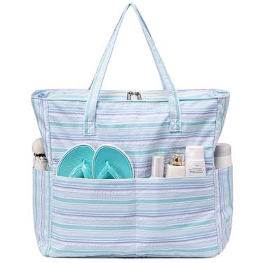 Imagem de Sacola de praia à prova d'água para mulheres, mulheres, extragrande, bolsa de ginástica, bolsa de mão com compartimento molhado para viagens de fim de semana, Faixa multicolorida 1, Large