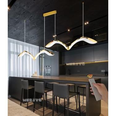 Imagem de Luminária pendente LED moderna dourada para mesa de jantar Luminária pendente regulável para cozinha com controle remoto Lustre criativo de designer com altura ajustável para sala de jantar,