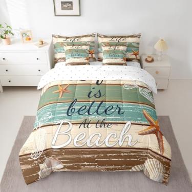 Imagem de Jogo de cama Queen Beach com 7 peças, tartaruga marinha, estrela-do-mar, tartaruga, litoral, lençol com lençol rústico, tábua de madeira, para quarto de meninos, meninas, adolescentes e mulheres
