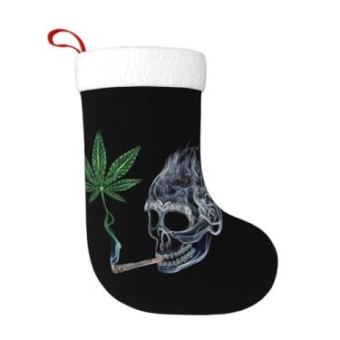 Imagem de Navuxu Pote de maconha folha de erva daninha crânio fumando meia de Natal personalizada grande 45,7 cm enfeites de natal para decorações de festa de Natal decoração de lareira