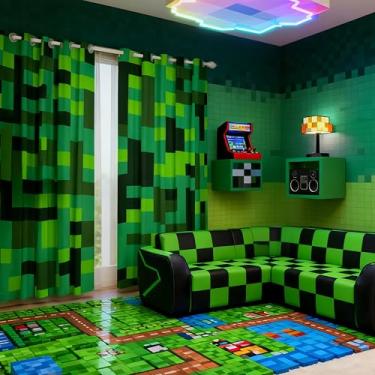Imagem de Cortinas de janela para crianças Pixel Grid Miners, patchwork geométrico, decoração de quarto de meninos e meninas, cortinas de janela de videogame de videogame, verde ciano, 2 painéis, 106 cm L L x