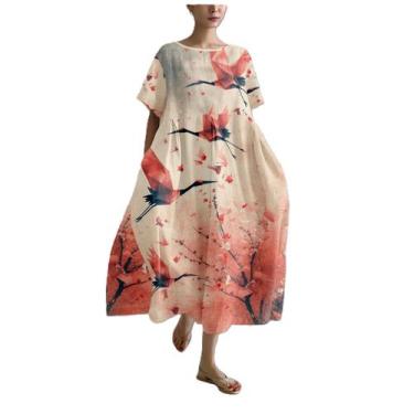 Imagem de Vestido casual MARSVOVO Red Fly Bird Print, algodão solto, linho