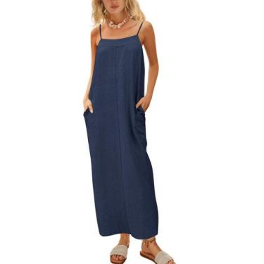Imagem de Vestido maxi ReachMe de linho de verão com alça espaguete azul marinho
