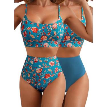 Imagem de Biquíni feminino de cintura alta Herseas reversível azul marinho