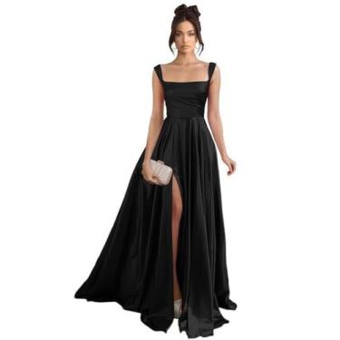 Imagem de Vestido de baile Stylefun, cetim, alças espaguete com bolsos, preto
