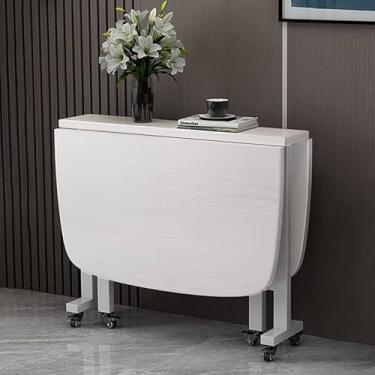 Imagem de Mesa Dobrável Fjmbd Para Jantar Com Roda Universal - Mesa De Jantar Extensível De Madeira Para Economia De Espaço, Design De Borda Redonda, White, 120x70x75CM