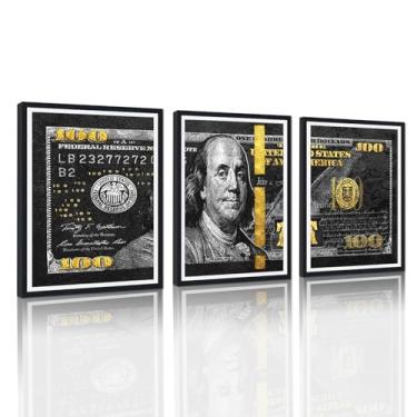 Imagem de Tela de arte de parede de dinheiro emoldurada preta com notas de 100 dólares, 3 painéis para decoração de casa, sala de estar, quarto, sala de jantar, escritório, corredor, impermeável, uso interno
