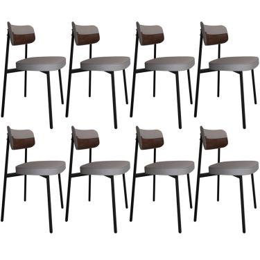 Imagem de Kit 08 Cadeiras Estofada Para Sala de Jantar Astrid Preto C01 Linho Cinza Courino Whisky - Lyam Decor