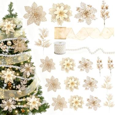 Imagem de Qonmpcvu 36 peças de flores de poinsétia com glitter de Natal, kit de enfeites de poinsétia com glitter, 5 estilos, conjunto de decorações de árvore de Natal para decoração floral de guirlanda de