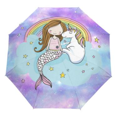 Imagem de Guarda-chuva de unicórnio Wamika Galaxy com fecho automático e estrelas brilhantes, guarda-chuva compacto à prova de vento, guarda-chuva de viagem anti-UV leve parasol guarda-chuvas sol e chuva