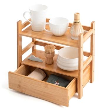 Imagem de Chunful Organizador de bambu para estação Matcha de 2 camadas com gaveta oculta, organizador de madeira para bancadas de cozinha, cafeterias, armazenamento de cozinha e escritório (33 cm C x 16,5 cm L
