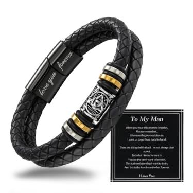 Imagem de Alissl Pulseira de couro premium para homens, fileira dupla trançada preta ajustável de aço inoxidável com fecho gravado "Love You Forever", vem com cartão de mensagem e caixa de presente, presente