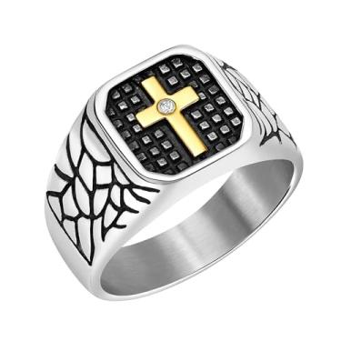 Imagem de Uloveido Anel de sinete masculino de aço inoxidável, estilo gótico, motociclista, estilo vintage, ajuste confortável, fé, espiritual, presente católico inspirador, 7, Cristal, Zircônia cúbica