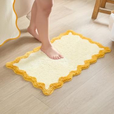 Imagem de MONDAY MOOSE Tapete de banho com design ondulado ondulado ondulado de microfibra absorvente antiderrapante para chão, chuveiro ou cozinha (41 x 61 cm, amarelo)